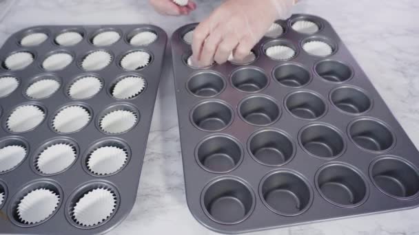 Little Girl Helping Decorate Mini Chocolate Cupcakes Chocolate Snowflakes — Stock Video