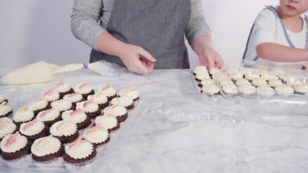 Petite Fille Aidant Décorer Mini Cupcakes Chocolat Avec Des Flocons — Video
