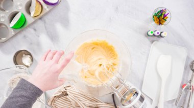 Düz yatıyordu. Adım adım. Vanilyalı Mardi Gras kekleri pişirmek için karışımı elektrikli mikserle karıştırıyorum..