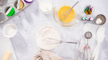 Düz yatıyordu. Adım adım. Vanilyalı Mardi Gras keki yapmak için karışımı karıştırıyorum..