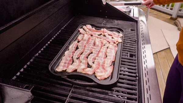 Cooking Bacon Stips Outdoor Gas Grill — Stock Photo, Image