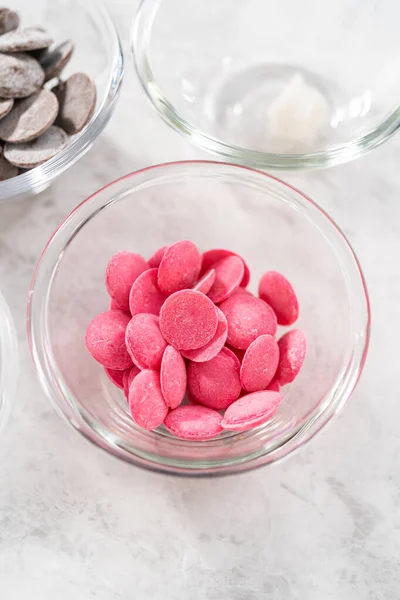 Ingredients Glass Mixing Bowls Preparing Gourmet Mini Chocolates Sprinkles — Stock Photo, Image