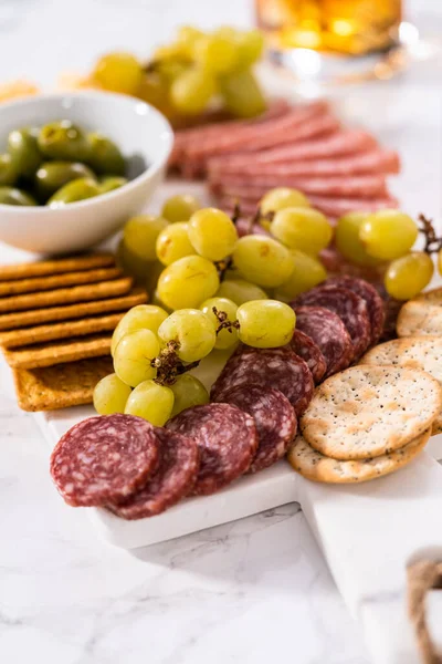 Cheese Meat Crackers Appetizer Board Marble Surface — Stock Photo, Image