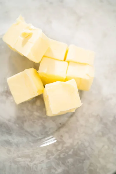 Mixing Ingredients Large Glass Mixing Bowl Bake Eggnog Scones — Stock Photo, Image