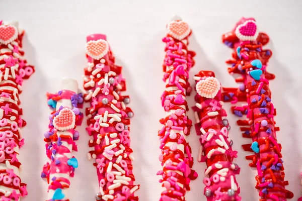 Chocolate Covered Pretzel Rods Decorated Heart Shaped Sprinkles Valentine Day — Stock Photo, Image