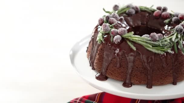 Cooking Chocolate Bundt Cake Chocolate Frosting Decorated Fresh Cranberries Rosemary — Stock Video