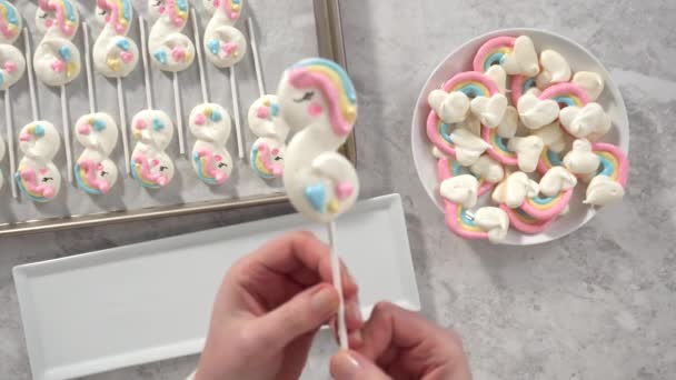 Haciendo Unicornio Tema Colorido Merengue Pops — Vídeos de Stock