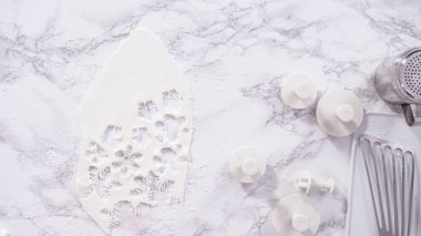 Düz yatıyordu. Adım adım. Mermer tezgahın üzerindeki beyaz fondanla kar tanelerini keserek..