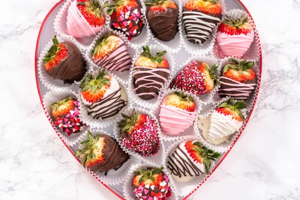 Flat Lay Variety Chocolate Dipped Strawberries Heart Shaped Box — Stock Photo, Image