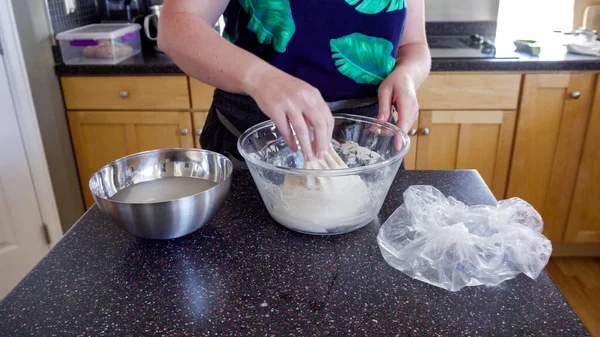 Step by step. Baking sourdough bread in residential kitchen.