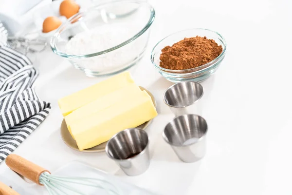 Ingredients Mixing Bowls Counter Bake Chocolate Cookies — Stock Photo, Image