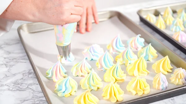 Step Step Piping Unicorn Meringue Cookies Baking Sheet Lined Parchment — Stock Photo, Image