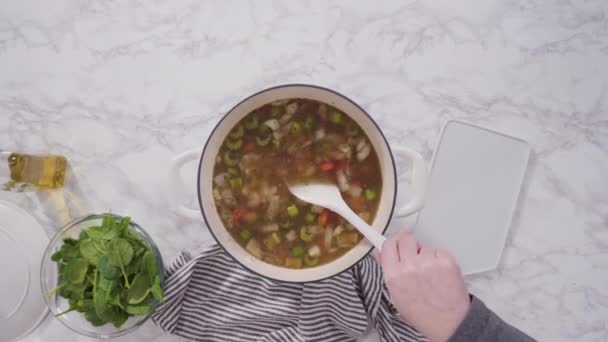 白豆のスープを調理します 鋳鉄オランダオーブン — ストック動画