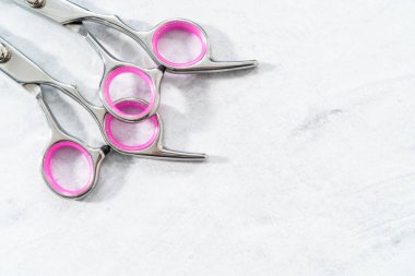 Gri arkaplanda yeni berber pembe makas.