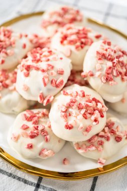 Beyaz tabakta taze pişmiş nane şekerli beyaz çikolatalı kurabiyeler..