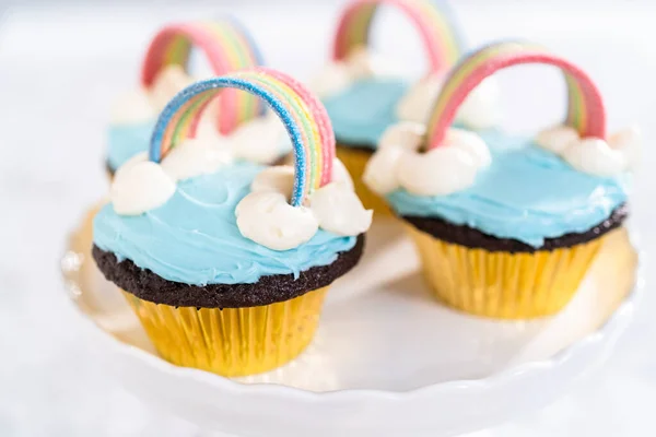 Chocolate Cupcakes Decorated Blue Buttercream Frosting Rainbow Unicorn Theme Birthday — Stock Photo, Image