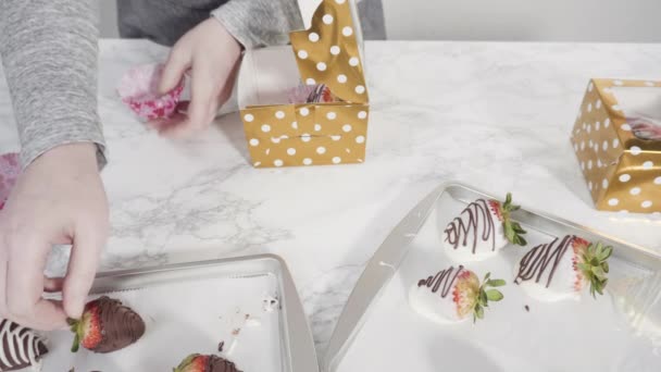 Dipping Organic Strawberries Melted Chocolate — Video Stock
