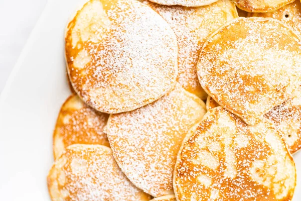 Flat Lay Freshly Made Small Pancakes Kefir Base Garnished Powdered — Stock Photo, Image
