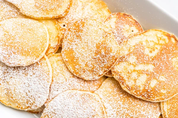 Freshly Made Small Pancakes Kefir Base Garnished Powdered Sugar — Stock Photo, Image