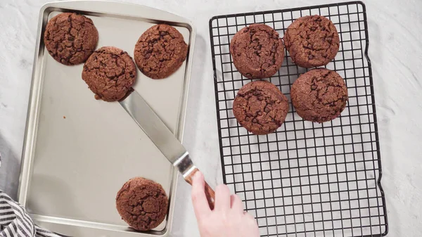 Freshly baked double chocolate chip cookies.