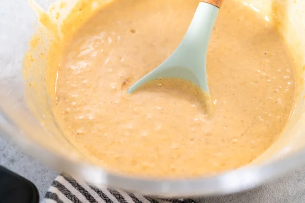 Pumpkin Pancakes Batter Glass Mixing Bowl — Stock Photo, Image