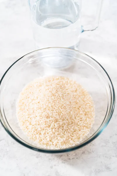 Виміряні Інгредієнти Скляних Мисках Приготування Рису — стокове фото