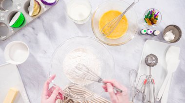 Düz yatıyordu. Adım adım. Vanilyalı Mardi Gras keki yapmak için karışımı karıştırıyorum..