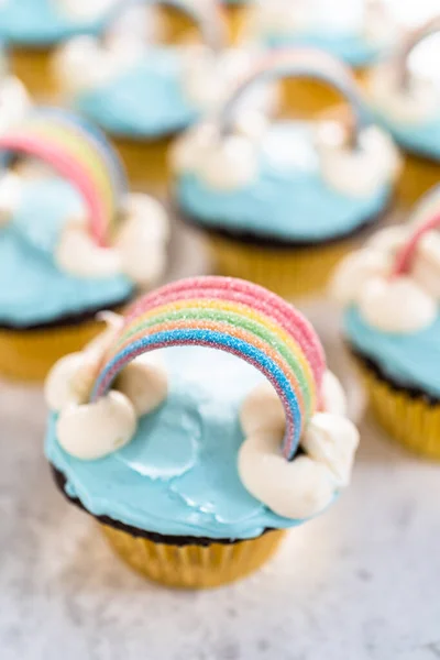 Chocolate Cupcakes Decorated Blue Buttercream Frosting Rainbow Unicorn Theme Birthday — Stock Photo, Image