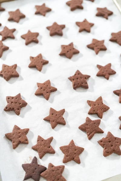 Galletas Graham Chocolate Recién Horneadas Forma Estrella Enfriamiento Bandeja Para —  Fotos de Stock