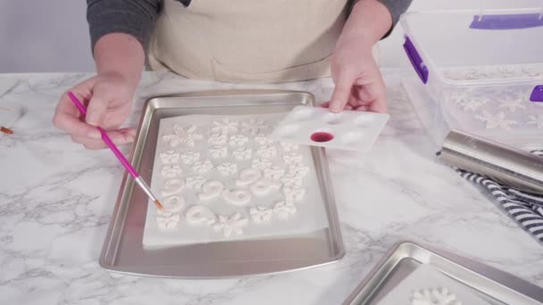 Zelfgemaakte Lolly Maken Met Fondant Sneeuwvlokken — Stockvideo