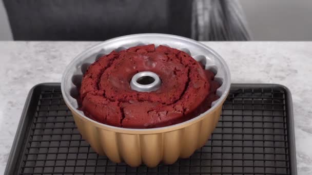 Making Cake Batter Bake Red Velvet Bundt Cake — Stockvideo