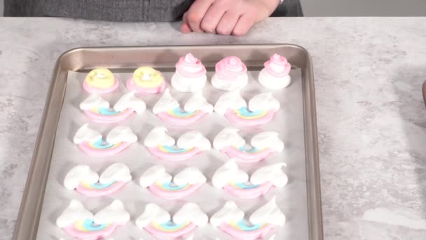 Multicolored Unicorn Meringue Cookies Baking Tray — Stockvideo