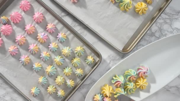 Multicolored Unicorn Meringue Cookies White Serving Plate — Stock Video