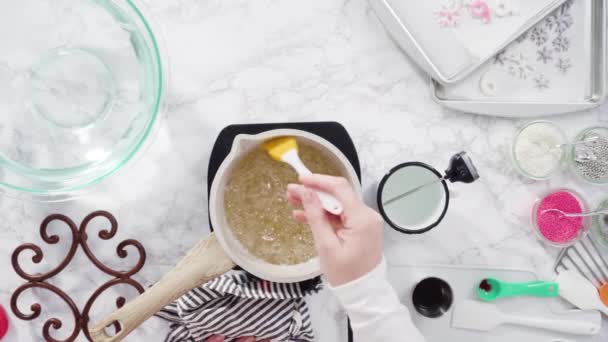 Zucker Einem Kleinen Kochtopf Über Dem Kleinen Elektroherd Karamellisieren — Stockvideo
