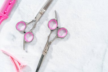 Gri arkaplanda yeni berber pembe makas.