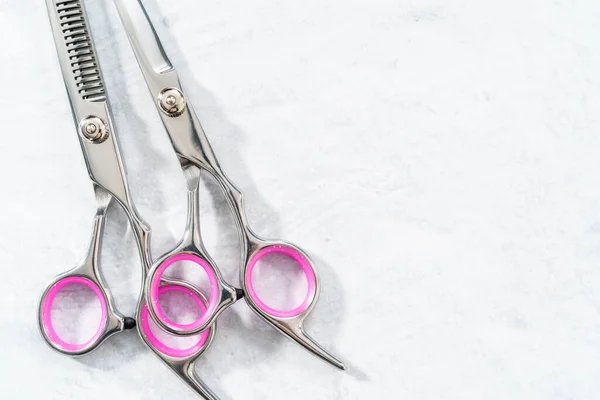 New Barber Pink Scissors Gray Background — Stock Photo, Image