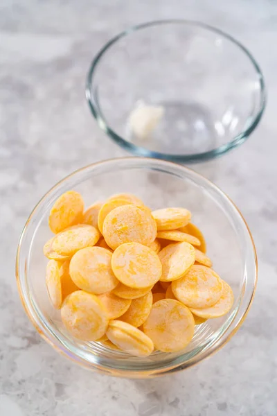 Yellow Chocolate Chips Small Glass Bowl Kitchen Counter — Stock Photo, Image