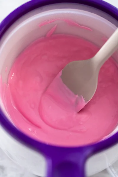 Melting Pink Chocolate Chips Candy Melting Pot — Stock Photo, Image