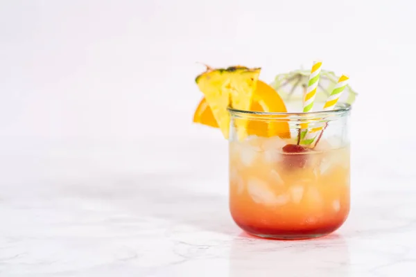 Freshly Made Sunset Cocktail Garnished Slice Fresh Orange Pineapple — Stockfoto