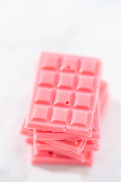 Stack Homemade Mini Pink Chocolates Counter — Stock Photo, Image