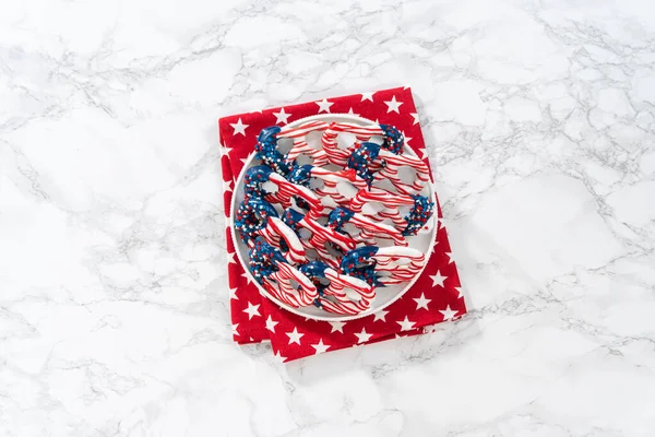 Flat Lay American Flag Red White Blue Chocolate Covered Pretzel — Stockfoto