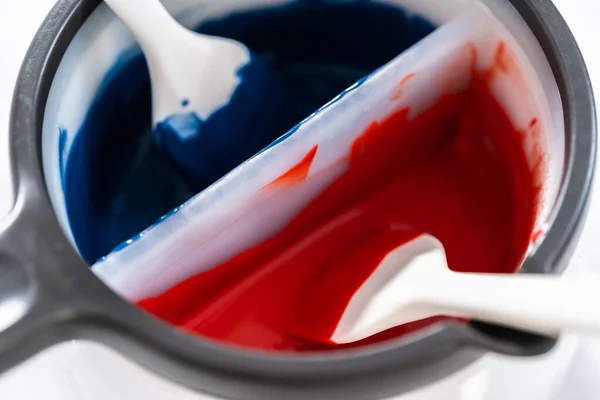 Melting Chocolate Chips Candy Melting Pot Make Red White Blue — стоковое фото