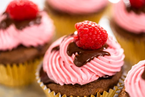 Gourmet Chocolade Frambozen Cupcakes Besprenkeld Met Chocolade Ganache Bedekt Met — Stockfoto