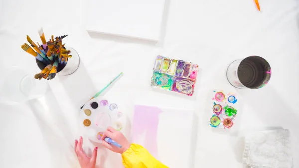 Flat Lay Little Girl Painting Acrylic Paint Canvas Her Mother — Stock Photo, Image