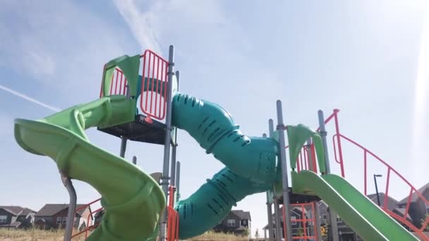 Little Girl Playing Modern Children Playground Suburbs Hot Summer Day — Stock Video