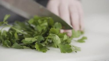 Zaman aşımı. Vejetaryen fasulye çorbası pişirmek için sebzeleri doğramak..