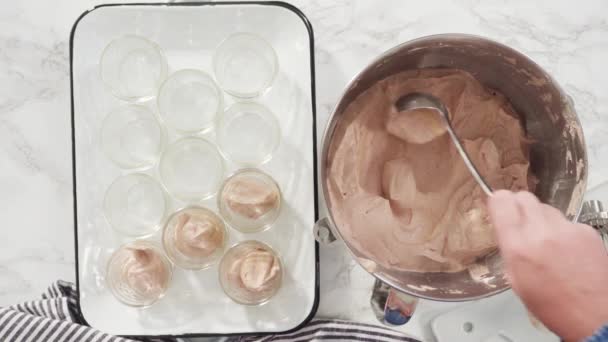 Flat Lay Step Step Scooping Homemade Chocolate Ice Cream Glass — Stock Video