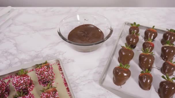 Time Lapse Step Step Dipping Organic Strawberries Melted Milk Chocolate — Stock Video