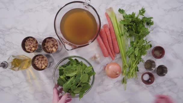 Ingrediënten Vegetarische Witte Bonensoep Koken — Stockvideo