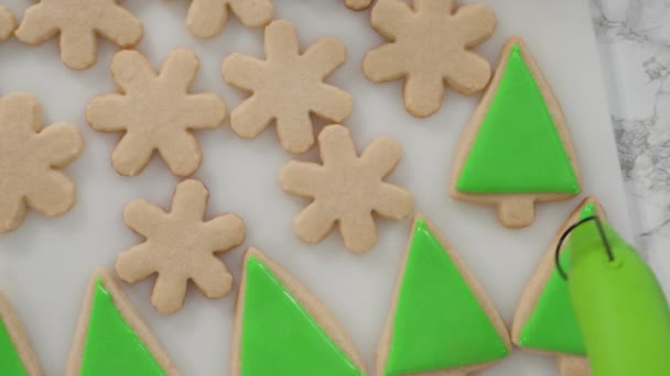 Επίπεδη Βήμα Βήμα Παγωμένα Μπισκότα Ζάχαρης Σχήμα Χριστουγεννιάτικου Δέντρου Πράσινο — Αρχείο Βίντεο